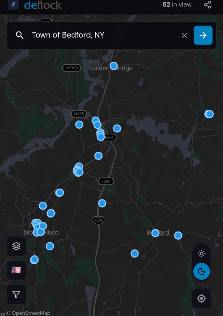 DeFlock map of the Town of Bedford, NY showing camera locations