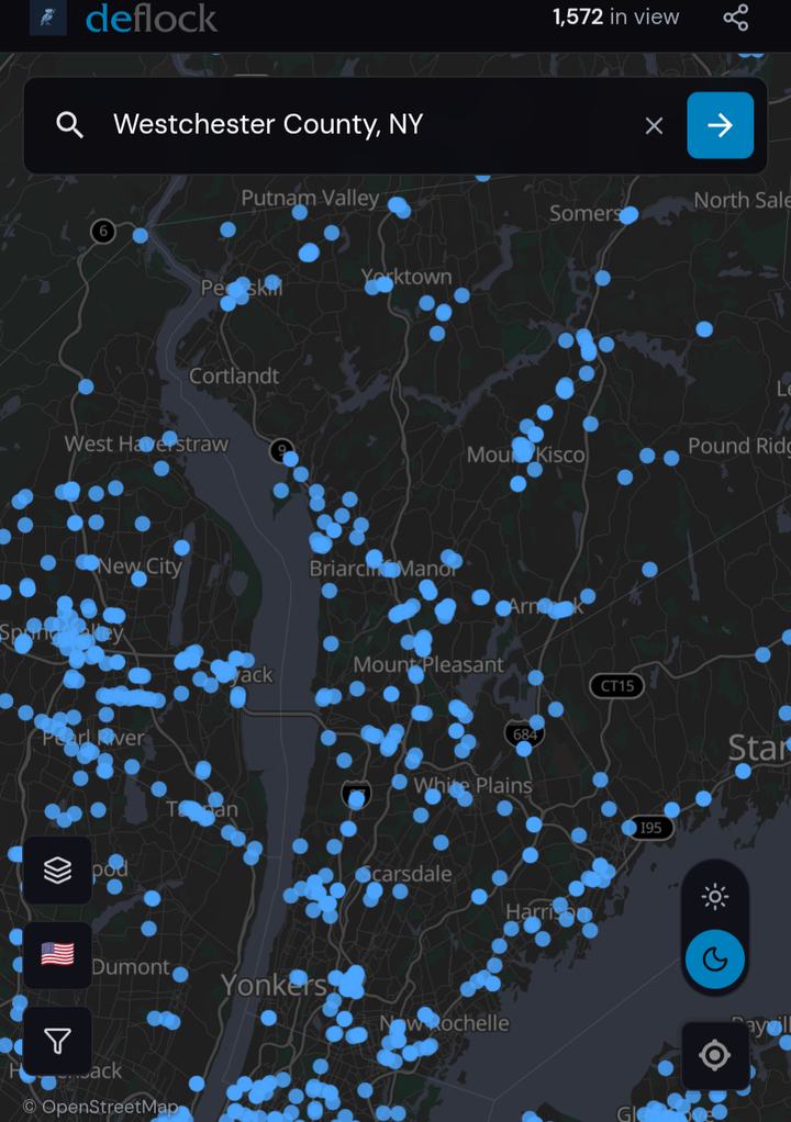 DeFlock map of Westchester County showing camera locations